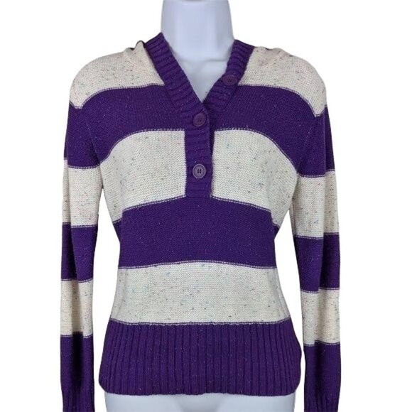 OP-Juniors Purple & White hooded sweater striped 1/4 button down size  7/9 - Picture 1 of 7